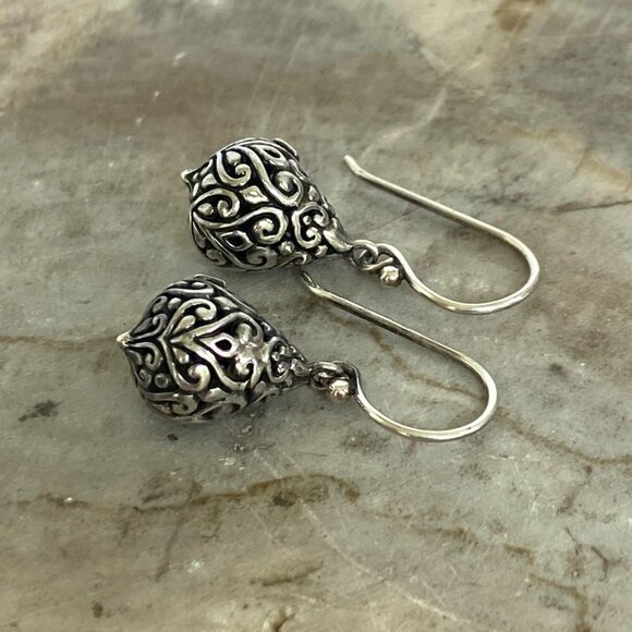 Sterling Silver ATI 925 Bali Style Scrollwork Hollow Teardrop Dangle Earrings - Picture 5 of 16